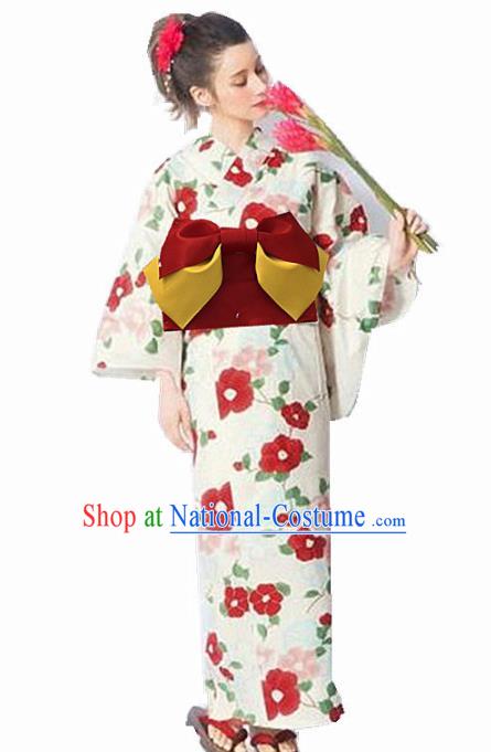 Japanese Classical Printing Camellia White Kimono Asian Japan Traditional Costume Geisha Yukata Dress for Women