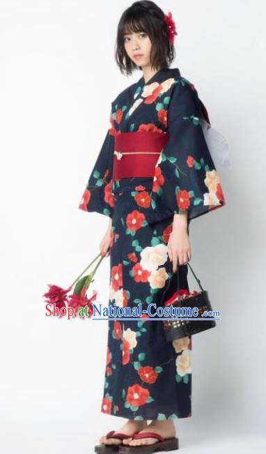 Japanese Classical Printing Camellia Navy Kimono Asian Japan Traditional Costume Geisha Yukata Dress for Women