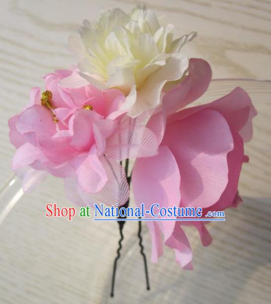 Japanese Traditional Geisha Kimono Hair Accessories Japan Yukata Pink Flowers Hairpins for Women