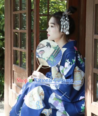 Japanese Classical Printing Fan Navy Kimono Asian Japan Traditional Costume Geisha Yukata Dress for Women