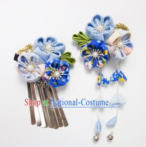 Japanese Traditional Geisha Kimono Hair Accessories Japan Yukata Blue Sakura Tassel Hair Claws for Women