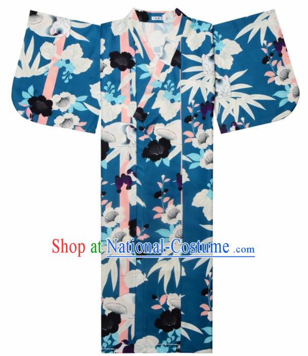 Japanese Classical Printing Bamboo Leaf Blue Kimono Asian Japan Traditional Costume Geisha Yukata Dress for Women