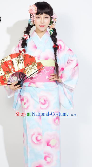 Japanese Classical Printing Light Blue Yukata Dress Asian Japan Traditional Costume Geisha Furisode Kimono for Women