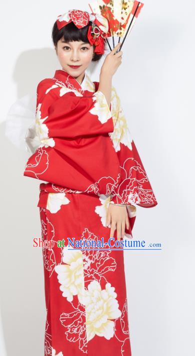 Japanese Classical Printing Peony Red Yukata Dress Asian Japan Traditional Costume Geisha Furisode Kimono for Women