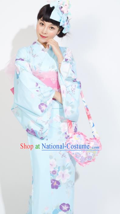 Japanese Classical Printing Flowers Light Blue Yukata Dress Asian Japan Traditional Costume Geisha Furisode Kimono for Women