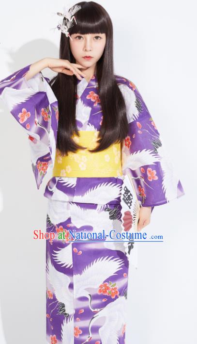 Japanese Classical Printing Cranes Purple Yukata Dress Asian Japan Traditional Costume Geisha Furisode Kimono for Women