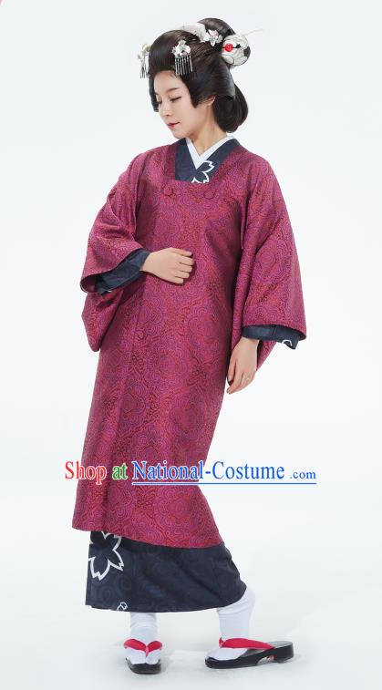 Japanese Classical Court Wine Red Yukata Robe Asian Japan Traditional Costume Geisha Furisode Kimono Dress for Women