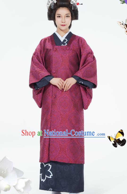 Japanese Classical Court Wine Red Yukata Robe Asian Japan Traditional Costume Geisha Furisode Kimono Dress for Women