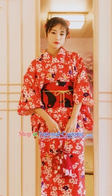 Japanese Classical Printing Sakura Red Kimono Asian Japan Traditional Costume Geisha Yukata Dress for Women