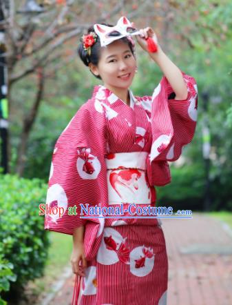 Japanese Classical Printing Goldfish Red Kimono Asian Japan Traditional Costume Geisha Yukata Dress for Women