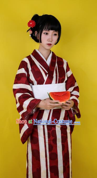 Japanese Classical Wine Red Kimono Asian Japan Traditional Costume Geisha Yukata Dress for Women