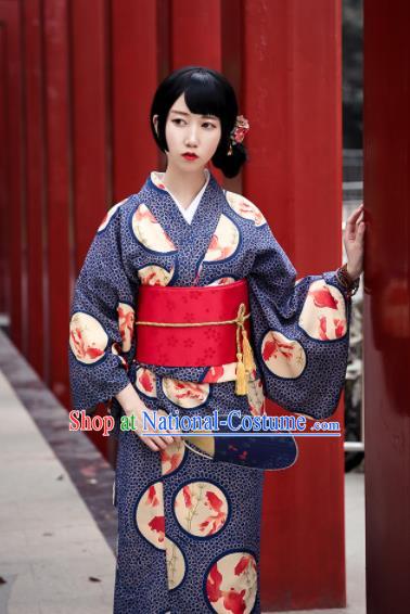 Japanese Classical Printing Navy Blue Kimono Asian Japan Traditional Costume Geisha Yukata Dress for Women