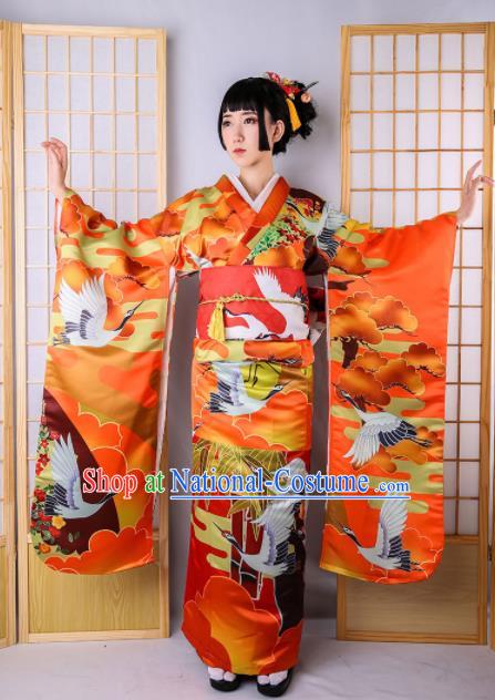 Japanese Classical Printing Cranes Red Furisode Kimono Asian Japan Traditional Costume Geisha Yukata Dress for Women