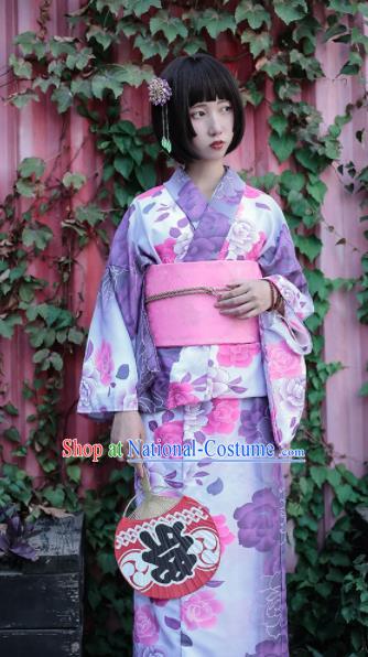 Japanese Classical Printing Peony Purple Furisode Kimono Asian Japan Traditional Costume Geisha Yukata Dress for Women