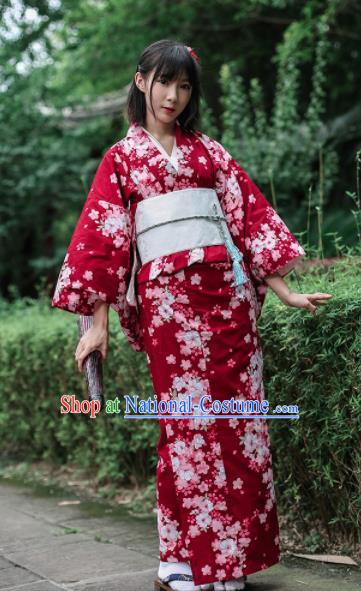 Japanese Classical Printing Sakura Wine Red Furisode Kimono Asian Japan Traditional Costume Geisha Yukata Dress for Women