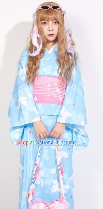 Japanese Classical Printing Light Blue Yukata Dress Asian Japan Traditional Costume Geisha Kimono for Women