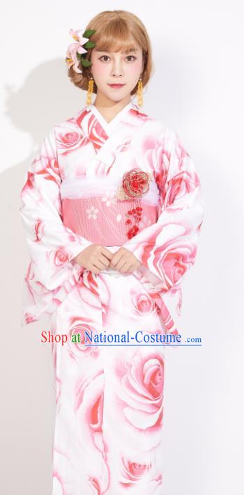 Japanese Classical Printing Roses Yukata Dress Asian Japan Traditional Costume Geisha Kimono for Women