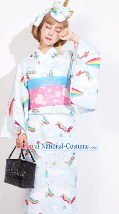 Japanese Classical Printing Rainbow Blue Yukata Dress Asian Japan Traditional Costume Geisha Kimono for Women