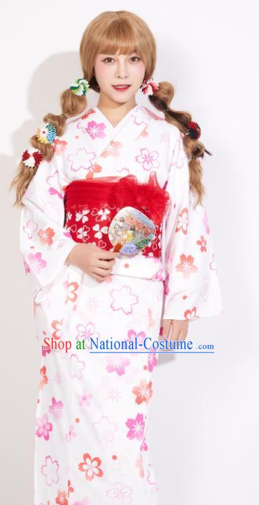 Japanese Classical Printing Sakura Yukata Dress Asian Japan Traditional Costume Geisha Furisode Kimono for Women