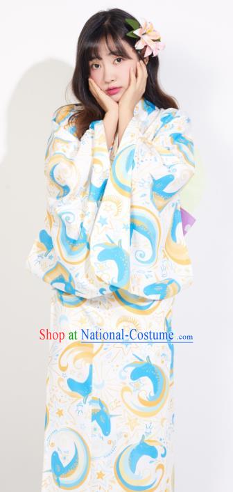 Japanese Classical Printing Unicorn Yukata Dress Asian Japan Traditional Costume Geisha Kimono for Women