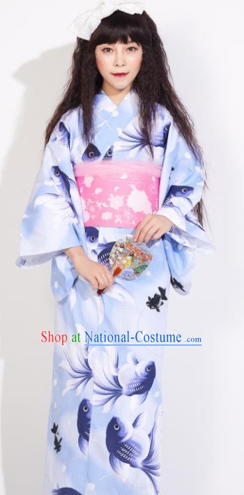 Japanese Classical Printing Fish Blue Yukata Dress Asian Japan Traditional Costume Geisha Kimono for Women