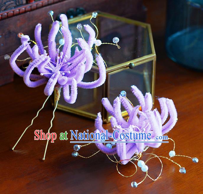 Traditional Chinese Ancient Palace Purple Velvet Chrysanthemum Hair Clip Hairpins Handmade Wedding Hair Accessories for Women