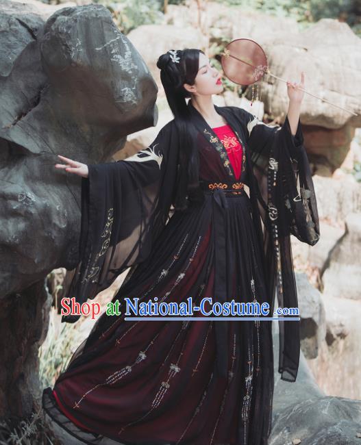 Chinese Tang Dynasty Historical Costume Traditional Ancient Swordswoman Black Hanfu Dress for Women