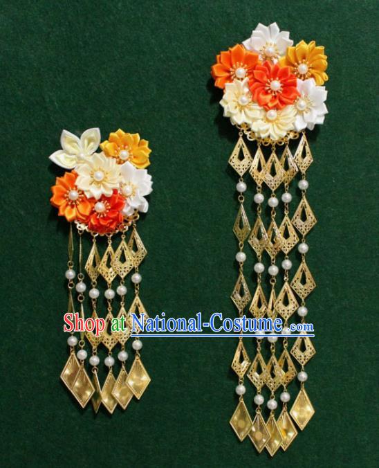 Traditional Chinese Ancient Tang Dynasty Palace Flowers Hair Claw Golden Tassel Hairpins Handmade Wedding Hair Accessories for Women