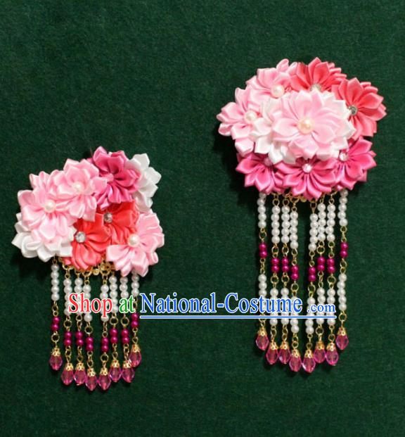 Traditional Chinese Ancient Tang Dynasty Palace Pink Flowers Hair Claw Beads Tassel Hairpins Handmade Wedding Hair Accessories for Women