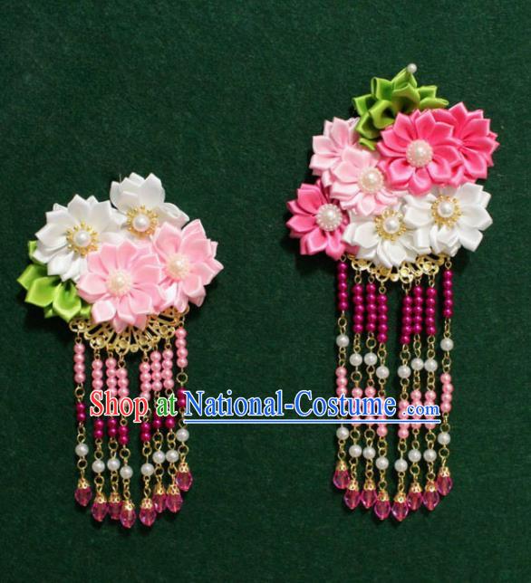 Traditional Chinese Ancient Tang Dynasty Palace Flowers Hair Claw Rosy Tassel Hairpins Handmade Wedding Hair Accessories for Women