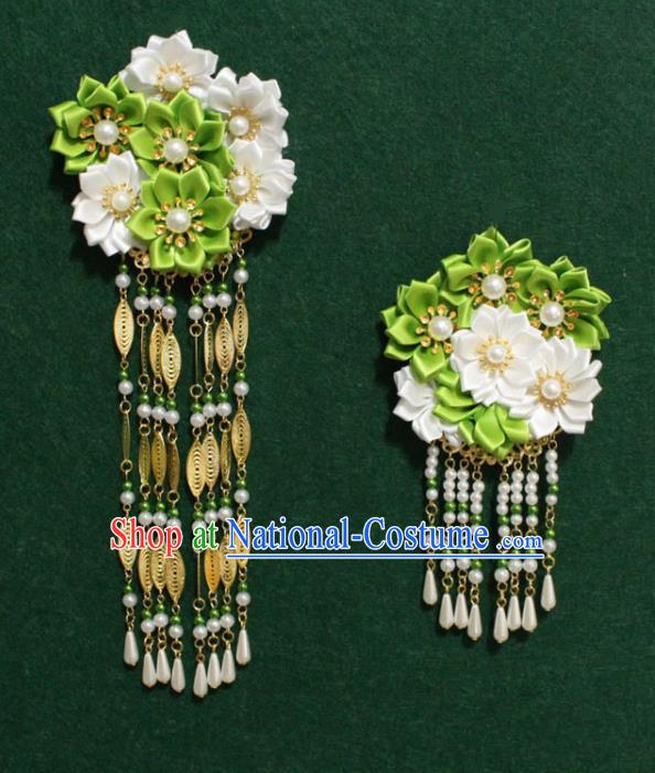 Traditional Chinese Ancient Tang Dynasty Palace Green Flowers Hair Claw Tassel Hairpins Handmade Wedding Hair Accessories for Women