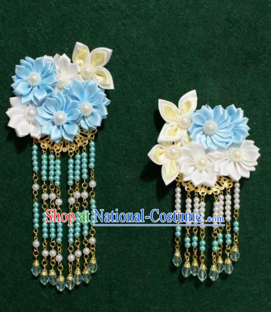 Traditional Chinese Ancient Tang Dynasty Palace Blue Flowers Hair Claw Tassel Hairpins Handmade Wedding Hair Accessories for Women