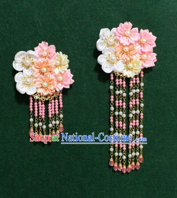 Traditional Chinese Ancient Tang Dynasty Palace Pink Flowers Tassel Hair Claw Hairpins Handmade Wedding Hair Accessories for Women