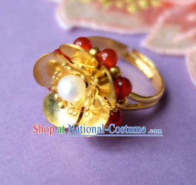 Traditional Chinese Ancient Princess Wedding Golden Flower Ring Handmade Hanfu Jewelry Accessories for Women