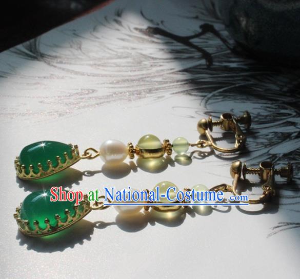 Handmade Chinese Ancient Princess Pearl Green Crystal Earrings Traditional Hanfu Jewelry Accessories for Women