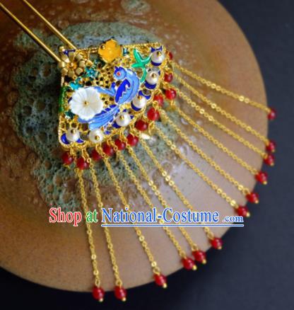 Traditional Chinese Ancient Princess Blueing Birds Tassel Hair Clip Hairpins Handmade Hanfu Hair Accessories for Women