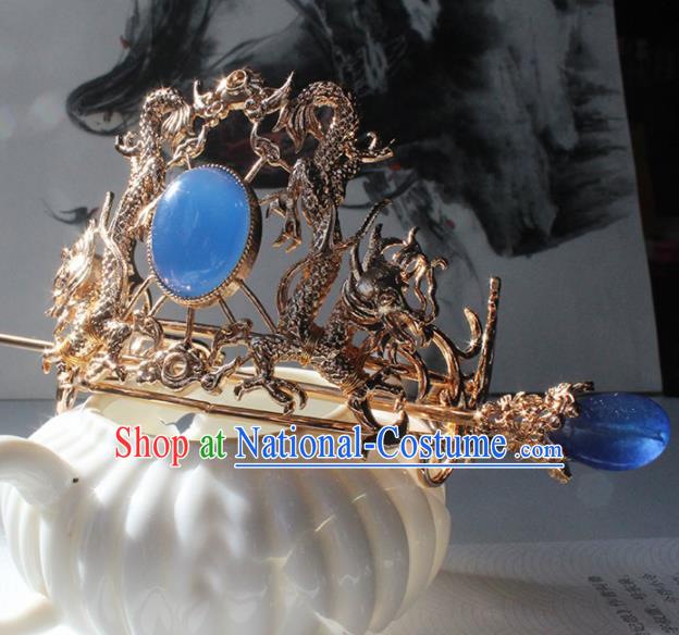 Traditional Chinese Ancient Hanfu Golden Dragon Blue Chalcedony Hair Crown Princess Hairpins Handmade Hair Accessories for Women