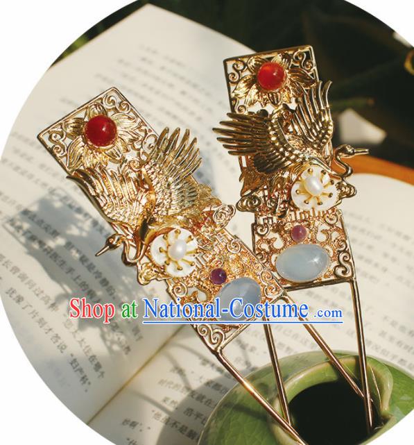 Chinese Ancient Hanfu Golden Crane Hair Clip Princess Hairpins Traditional Handmade Hair Accessories for Women