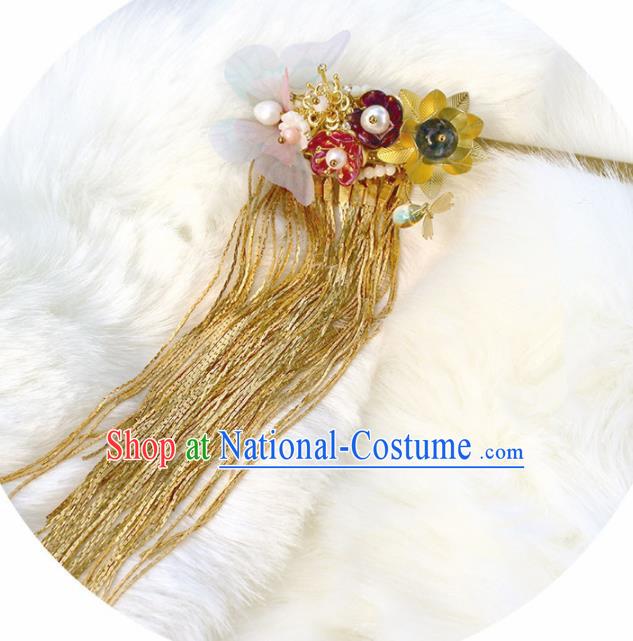 Chinese Ancient Hanfu Silk Butterfly Hair Clip Princess Golden Tassel Hairpins Traditional Handmade Hair Accessories for Women