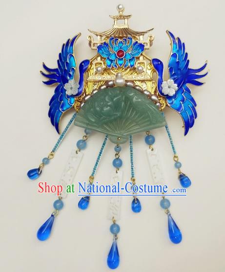 Traditional Chinese Ancient Queen Hanfu Cloisonne Crane Hair Crown Jade Hairpins Handmade Wedding Hair Accessories for Women