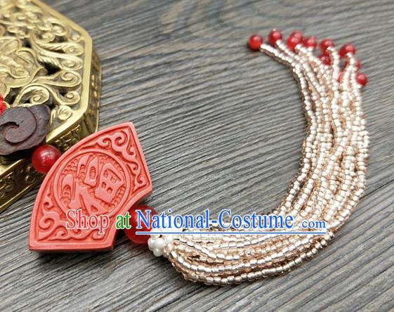 Traditional Chinese Ancient Cinnabar Brooch Handmade Hanfu Palace Breastpin Tassel Pendant for Women