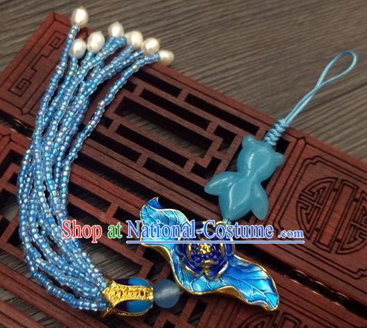 Traditional Chinese Ancient Blueing Lotus Brooch Handmade Hanfu Palace Breastpin Tassel Pendant for Women