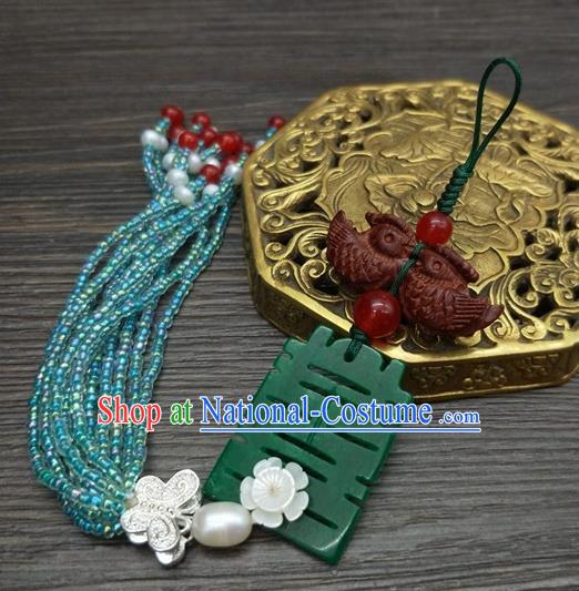 Traditional Chinese Ancient Wedding Rosewood Mandarin Duck Jade Brooch Handmade Hanfu Palace Breastpin Tassel Pendant for Women