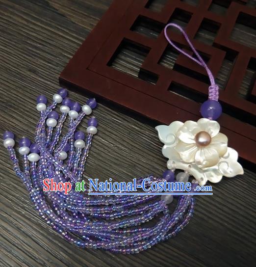 Traditional Chinese Ancient Palace Shell Flower Brooch Handmade Hanfu Breastpin Tassel Pendant for Women