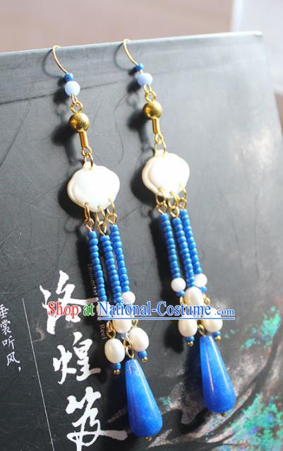 Handmade Chinese Ancient Princess Blue Beads Tassel Earrings Traditional Hanfu Jewelry Accessories for Women