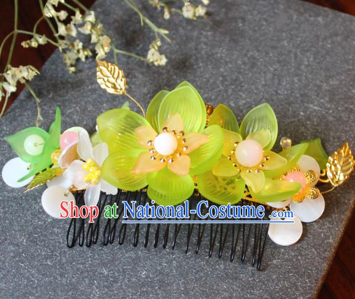 Chinese Ancient Hanfu Green Lotus Hair Comb Princess Hairpins Traditional Handmade Hair Accessories for Women