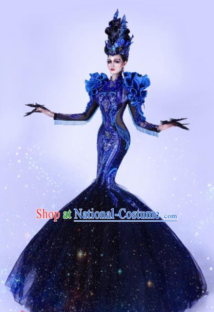 Handmade Modern Fancywork Cosplay Queen Royalblue Veil Full Dress Halloween Stage Show Fancy Ball Costume for Women