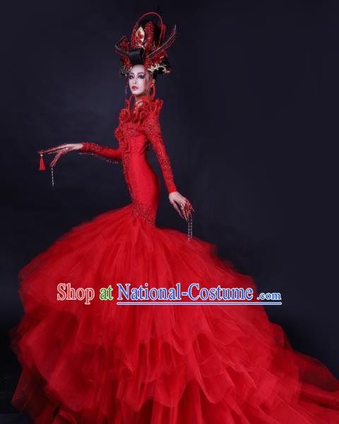 Handmade Modern Fancywork Cosplay Red Veil Trailing Full Dress Halloween Stage Show Fancy Ball Costume for Women