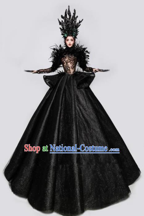 Handmade Modern Fancywork Cosplay Witch Queen Black Full Dress Halloween Stage Show Fancy Ball Costume for Women