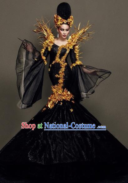 Handmade Modern Fancywork Cosplay Queen Black Veil Trailing Full Dress Halloween Stage Show Fancy Ball Costume for Women